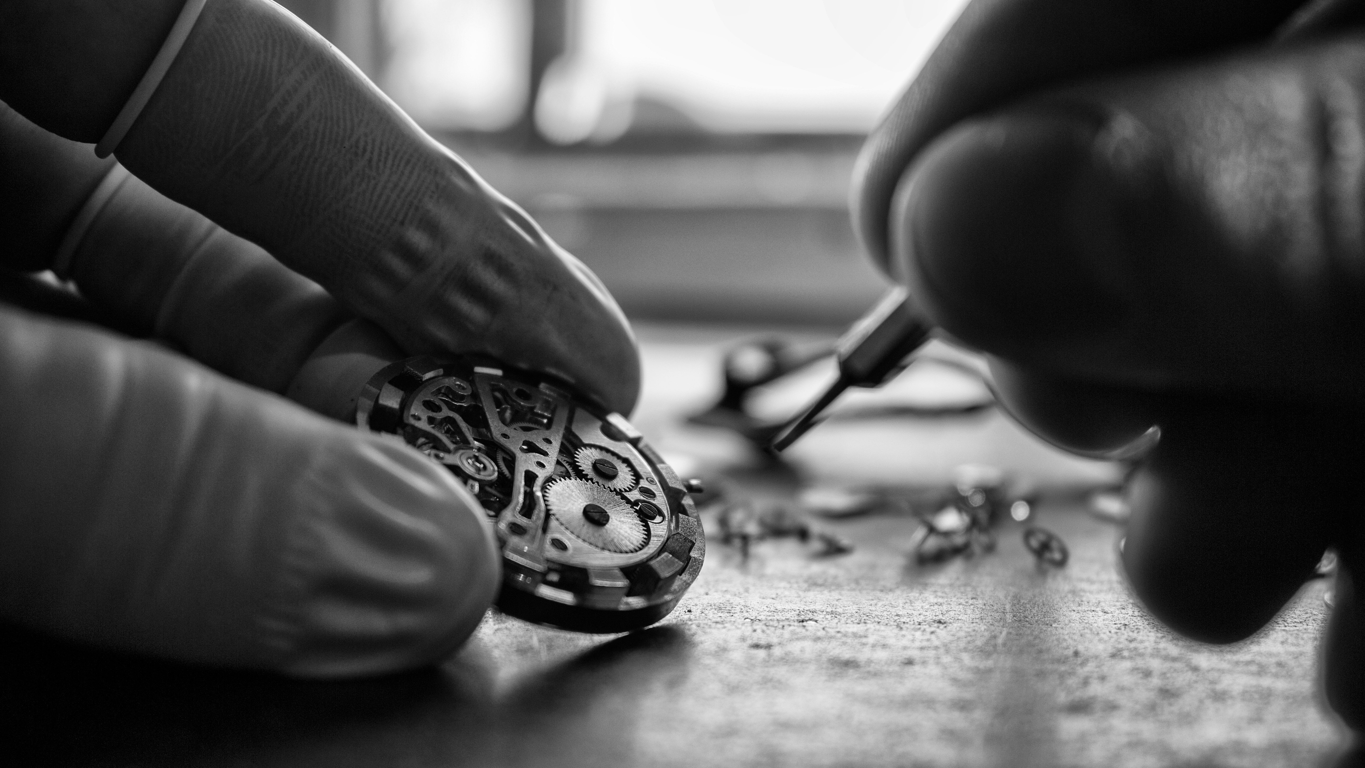 Watch craftsman assembling movement